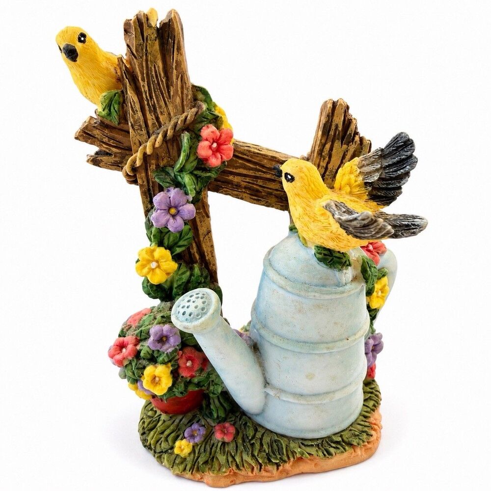 Vintage Garden Birds Watering Can Figurine Rustic Fence Floral Spring Decor
